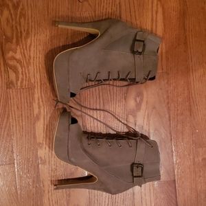 Olive open toe heeled boots